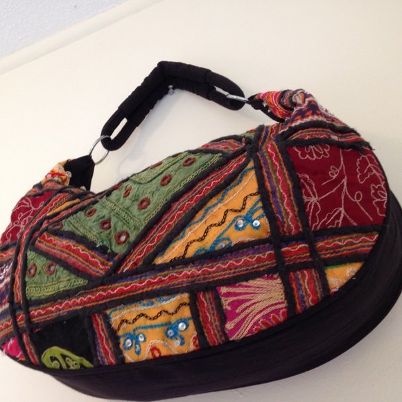 Patchwork Beaded Purse from India Black Hobo Bag - Picture 3 of 6